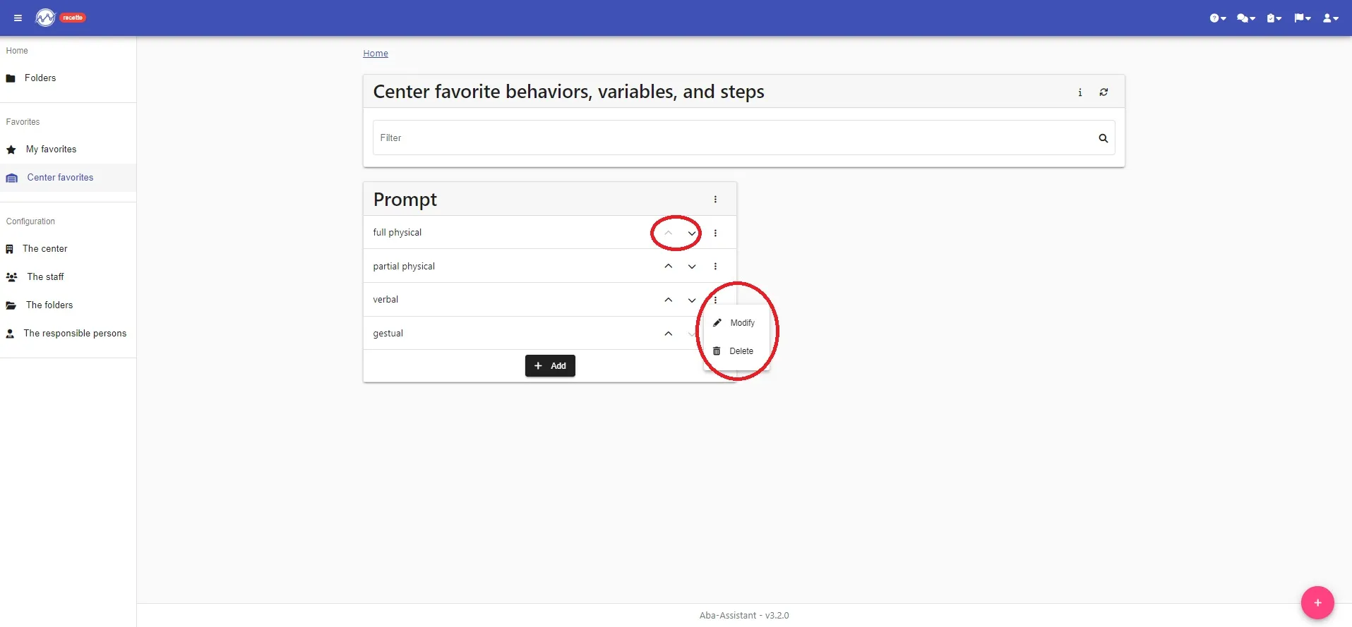 “Prompt” group and its steps (full physical, partial physical, verbal, gestural), with the arrows to reorder them and the Modify / Delete menu