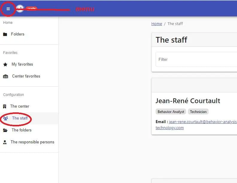 ABA-Assistant menu open, with the “The staff” item to select