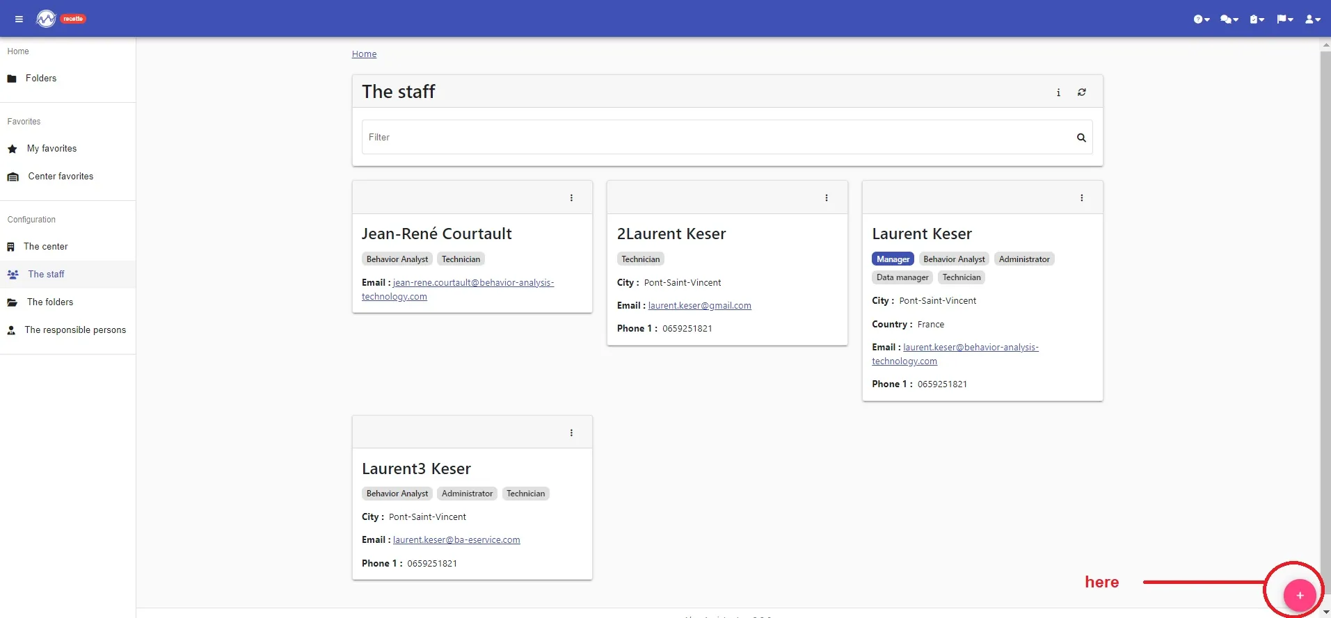 “The staff” page listing professionals, and the pink “+” button at the bottom right to add one