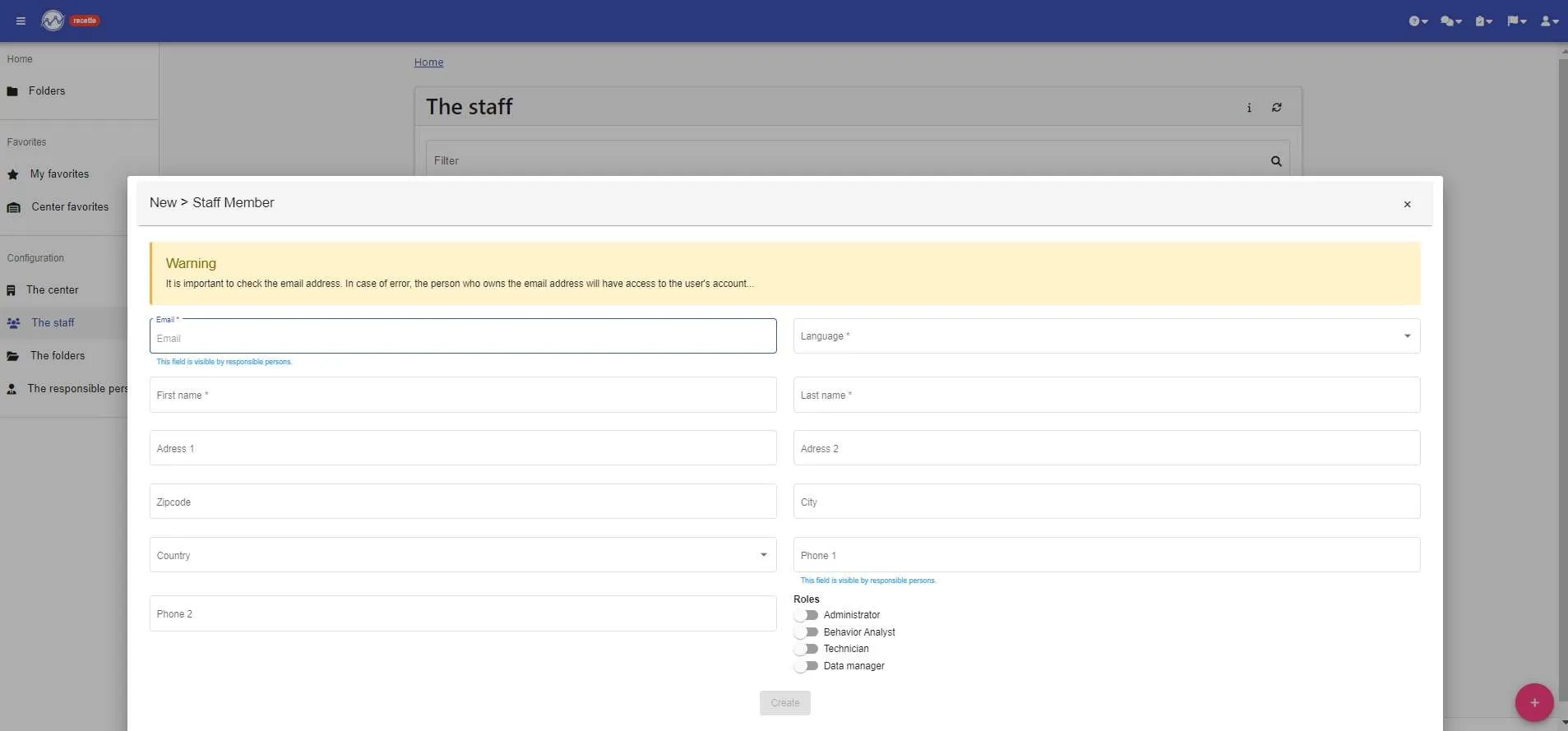 “New > Staff Member” form: email, language, first and last name, address, phones and roles