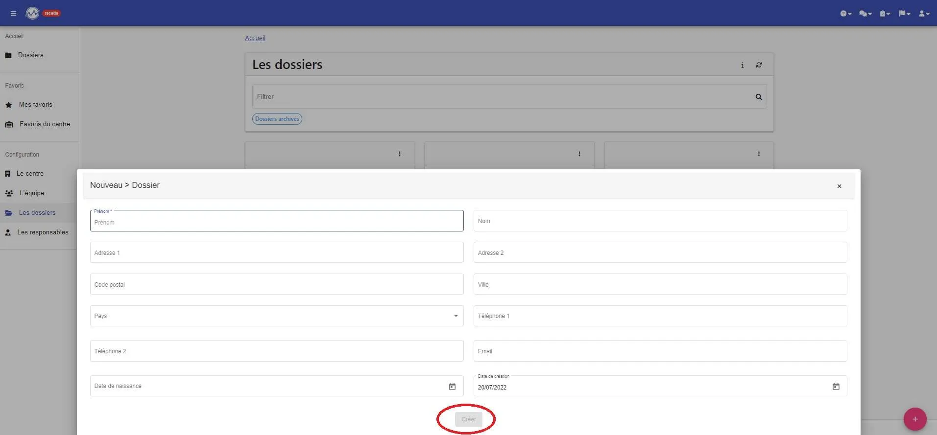“New > Folder” form (name, address, phones, date of birth) and its “Create” button