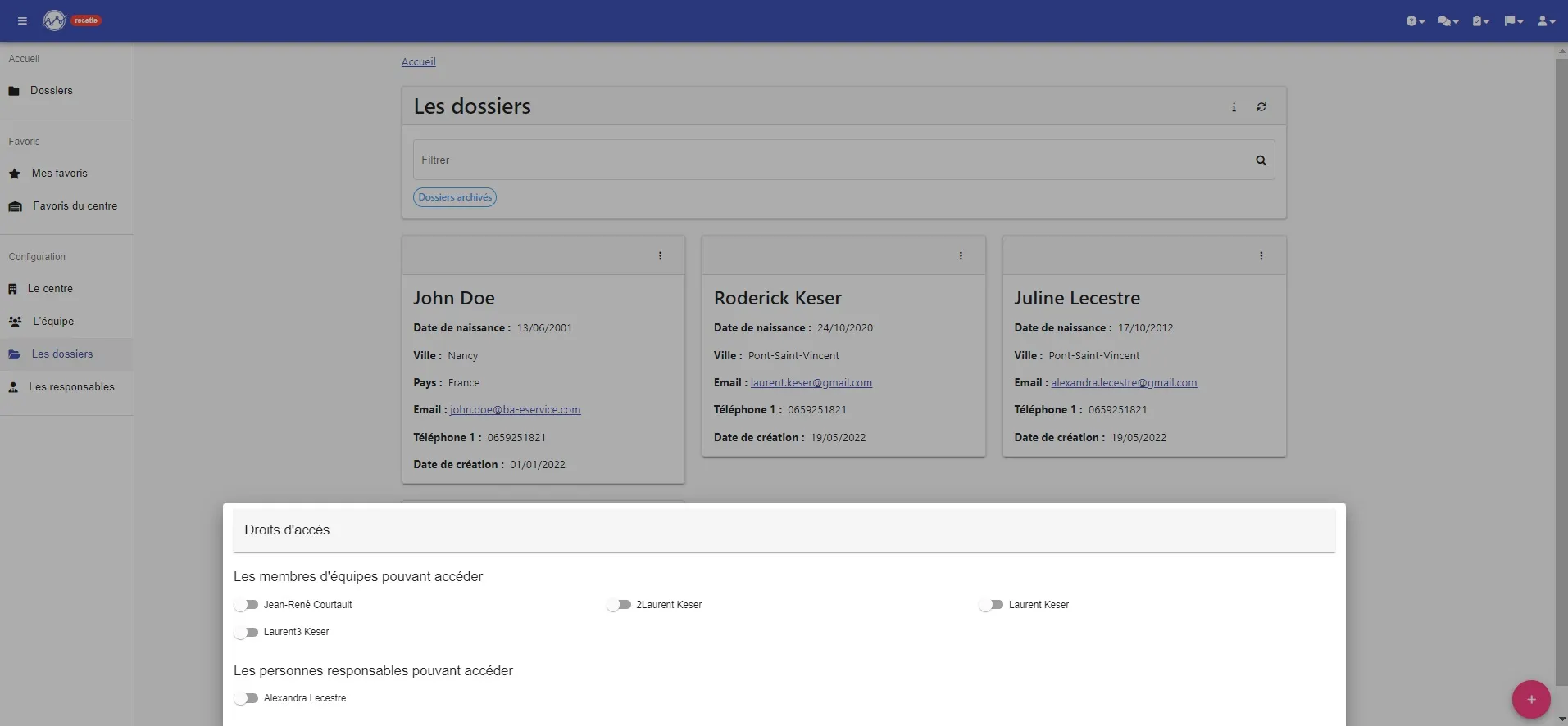 Folder “Access rights” window: switches for staff members and for responsible persons