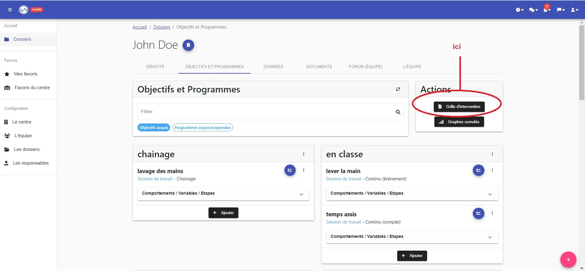 Onglet « Objectifs et programmes » d’un dossier : le bouton « Grille d’intervention »