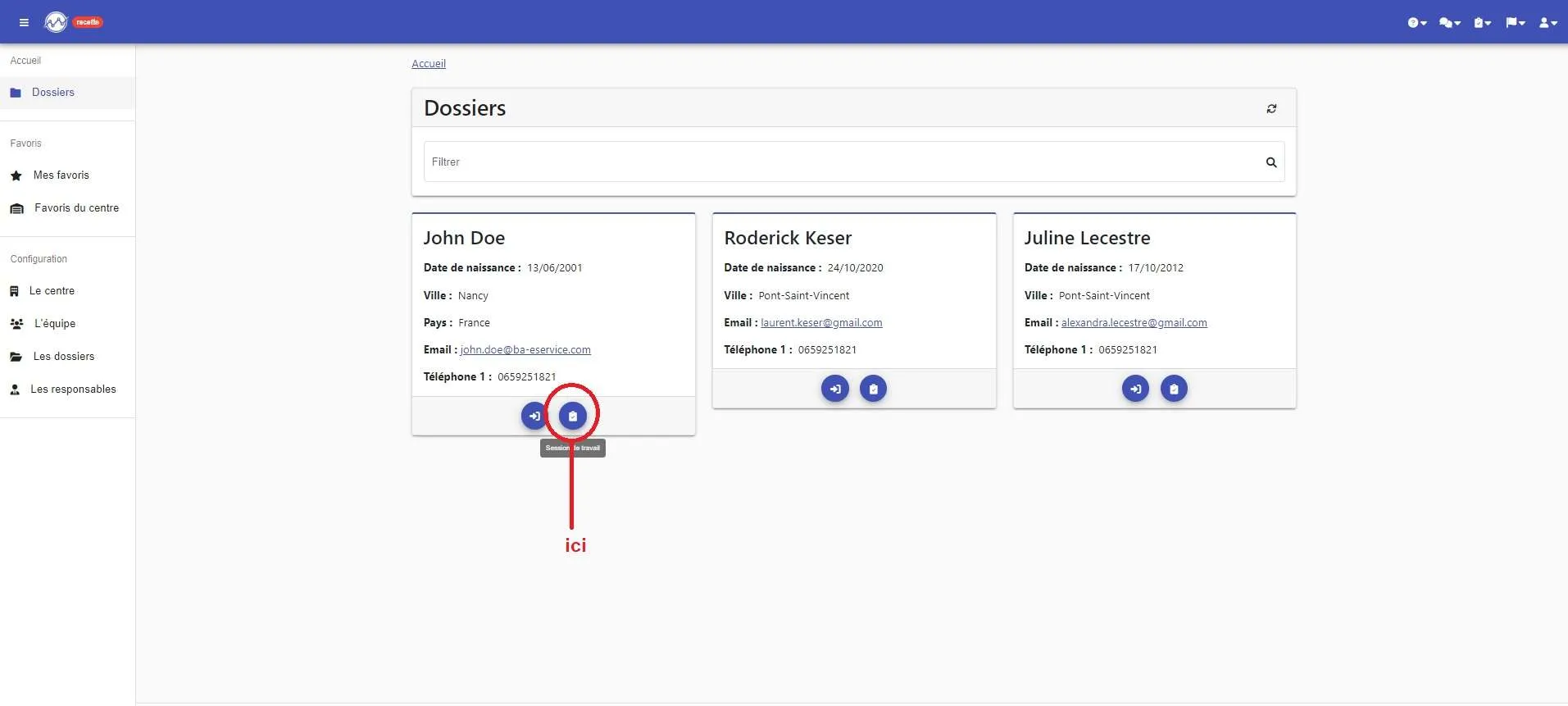 Page « Dossiers » : l’icône du clicker sur la carte d’un dossier
