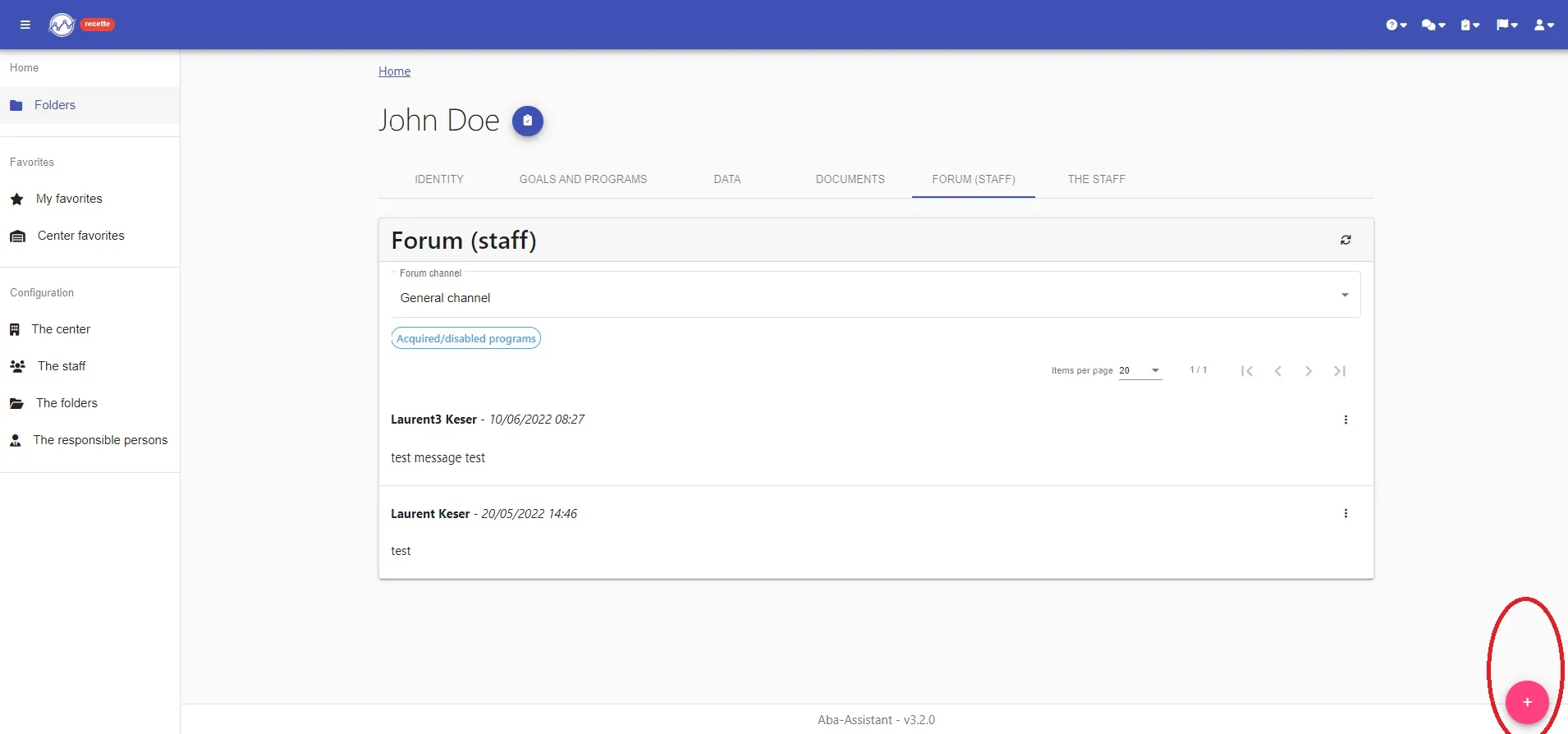 Folder “Forum (staff)” tab: general channel messages and the pink “+” button to post a message