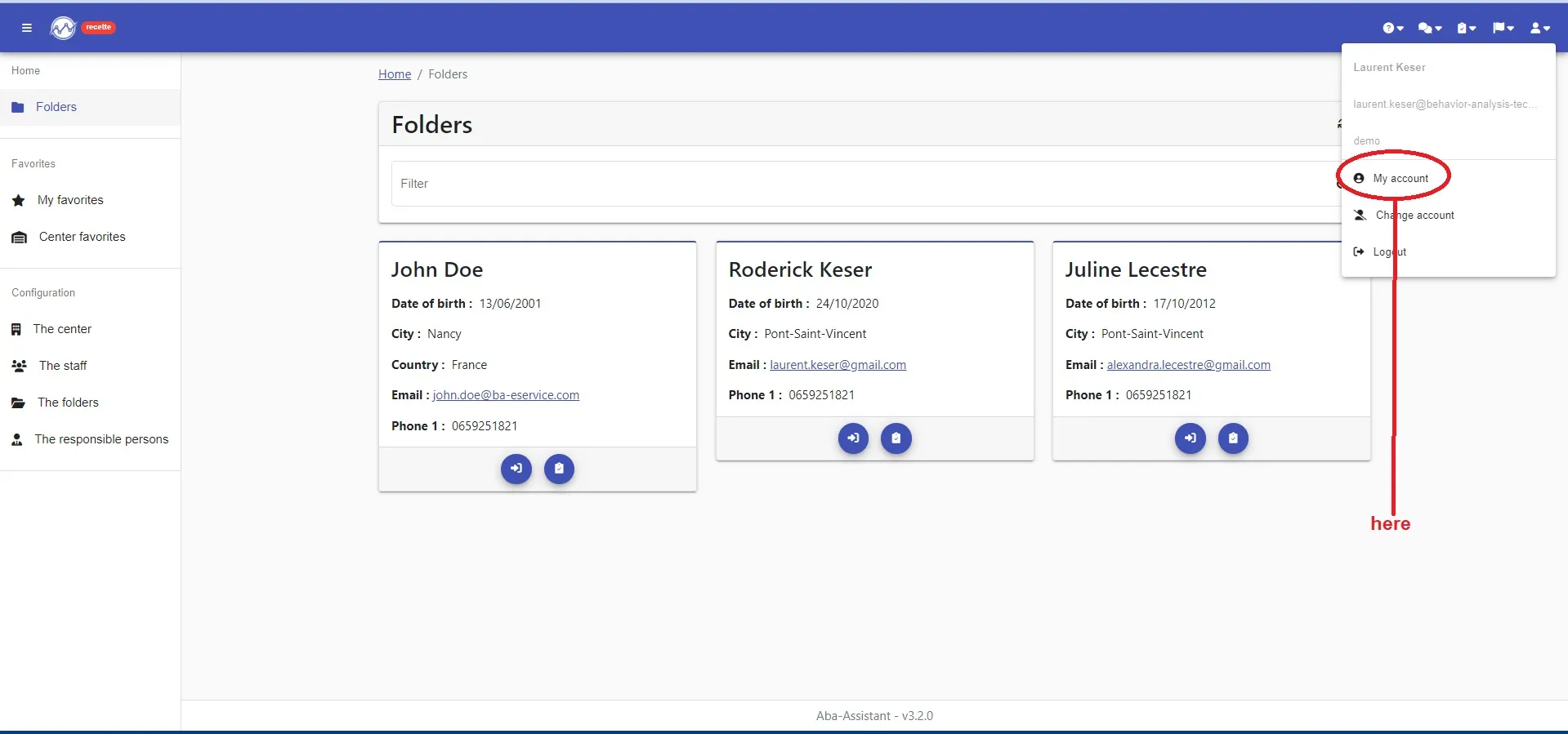 Account menu open at the top right, with the “My account” item