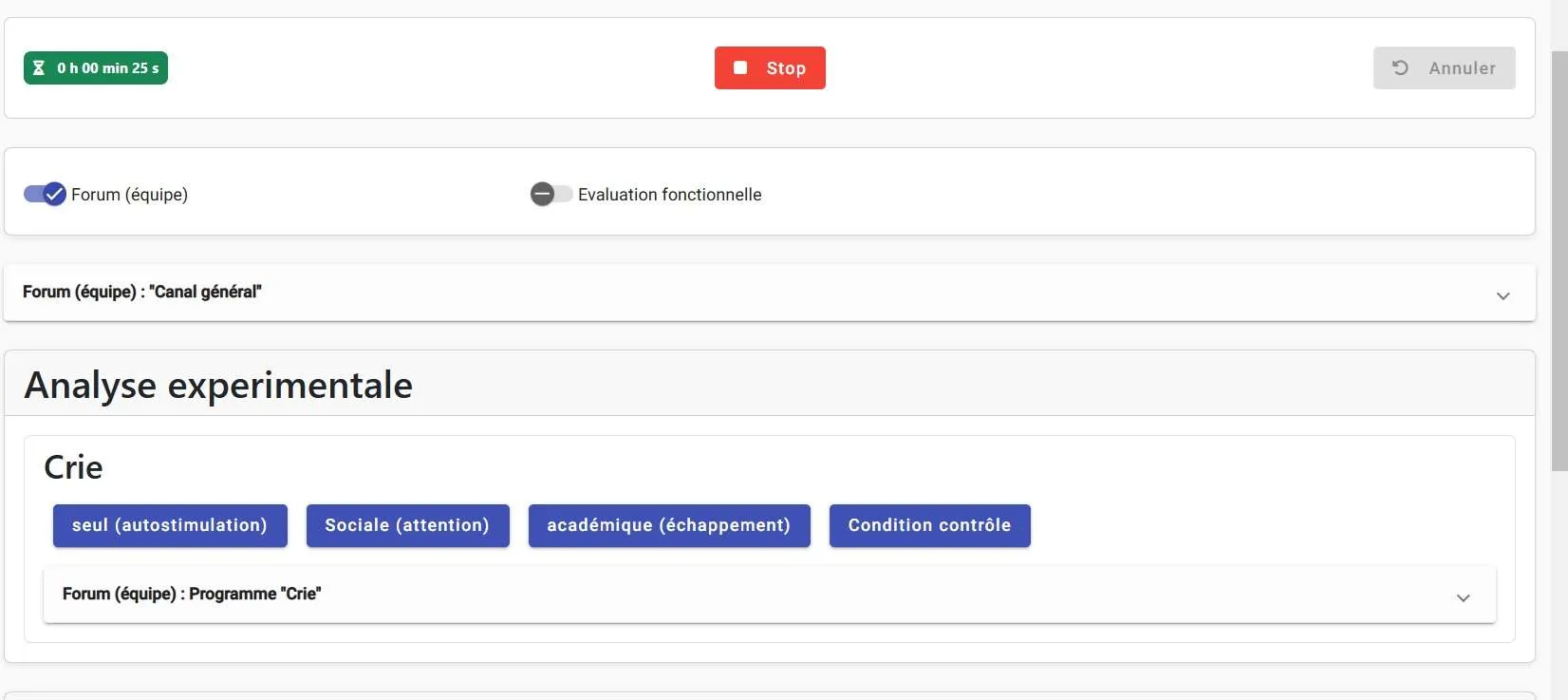 Clicker en ligne avec le forum (équipe) activé : forum général et forum du programme « Crie »