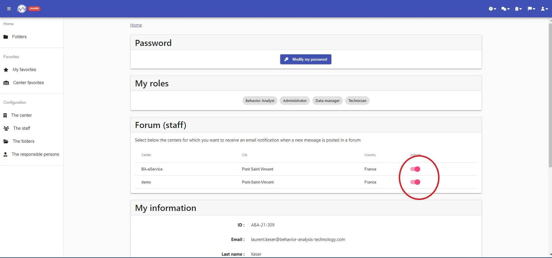 “My account” page: one staff forum notification switch per center