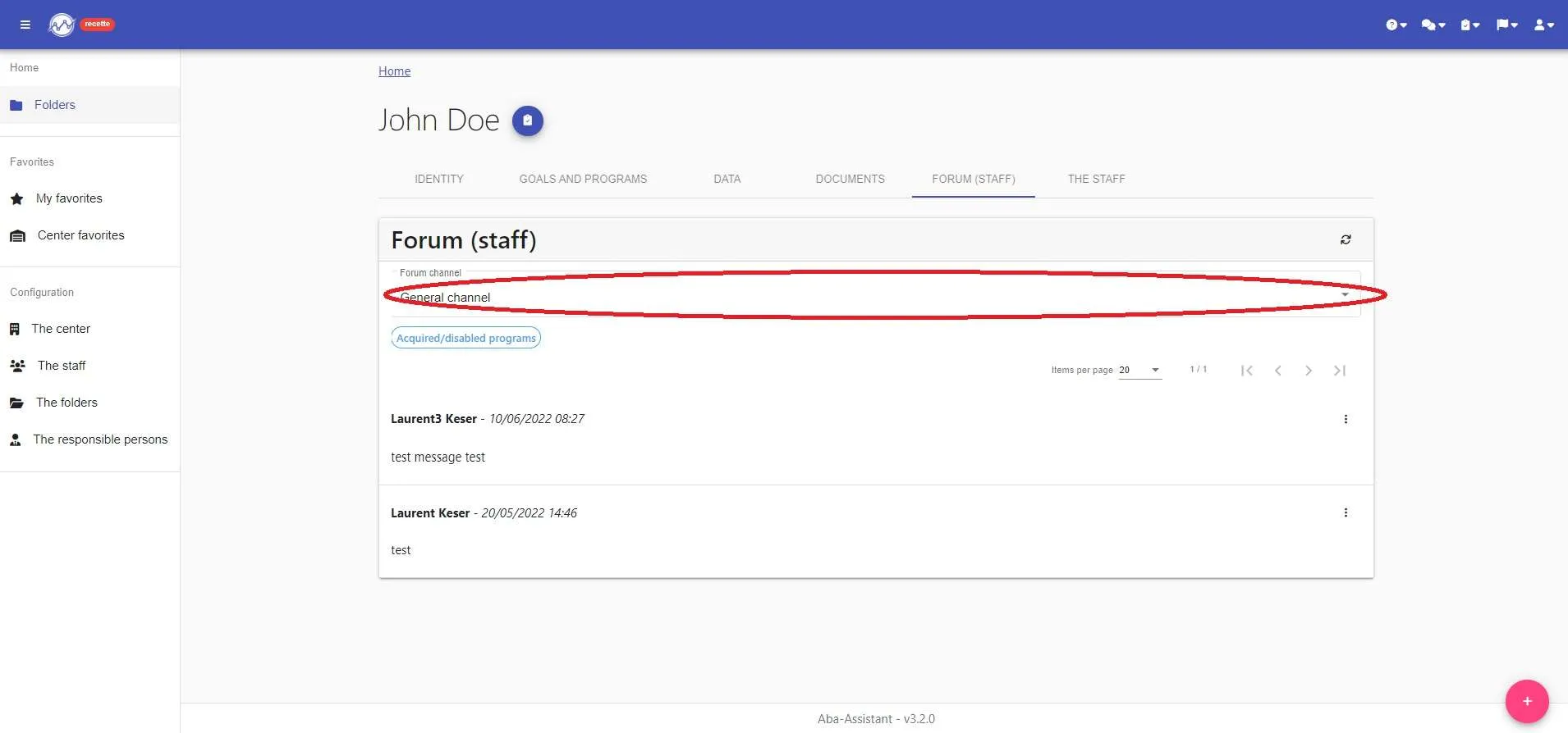 Forum (staff): the “Forum channel” list, to choose a program’s forum