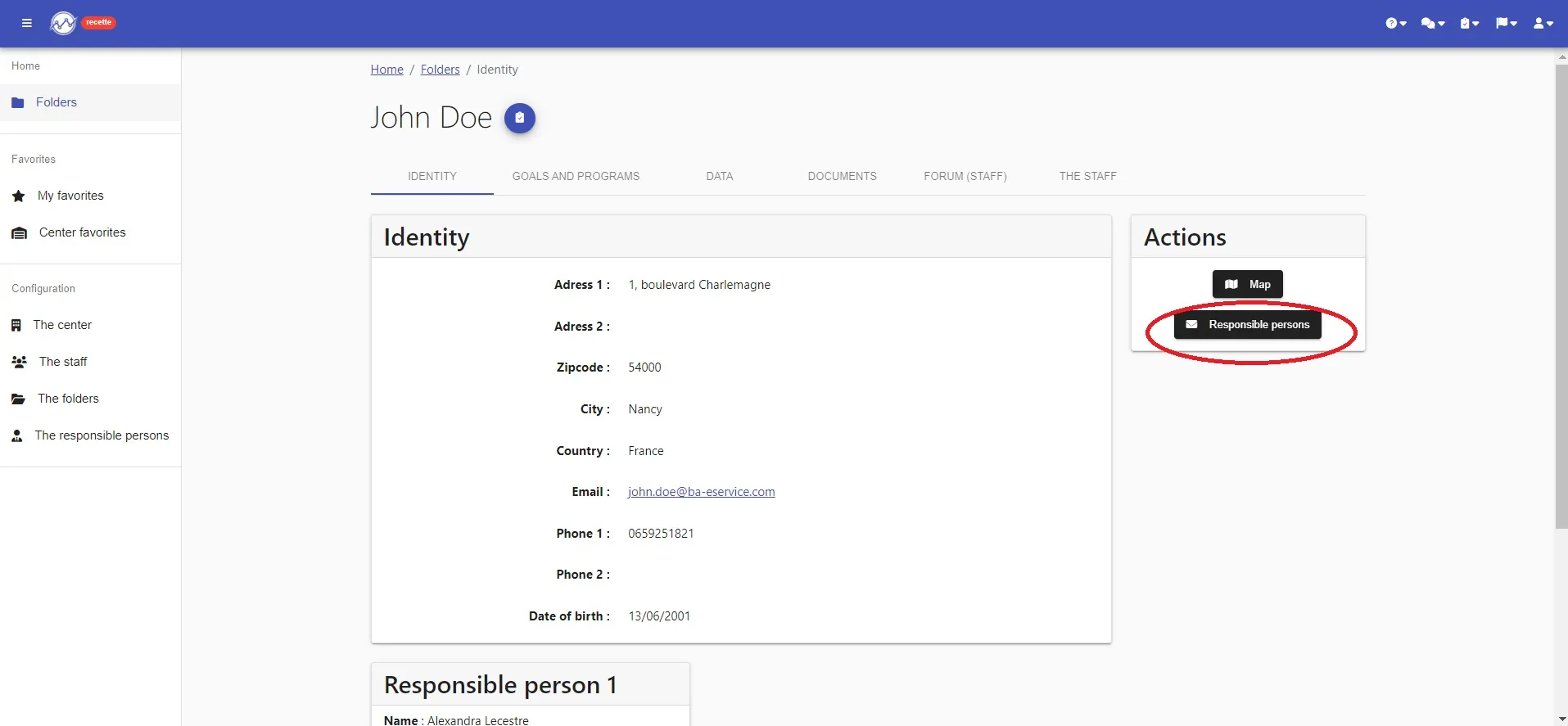 Folder “Identity” tab: the “Responsible persons” button in the Actions area