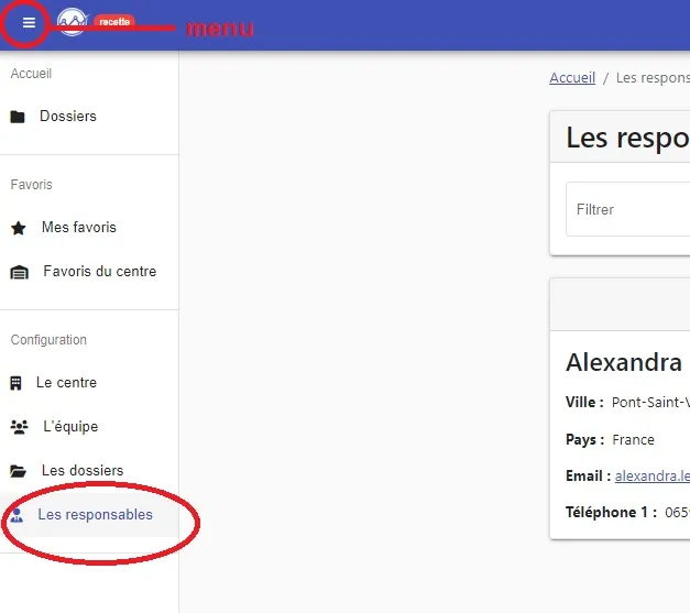 Menu d’ABA-Assistant ouvert, avec l’entrée « Les responsables » à sélectionner