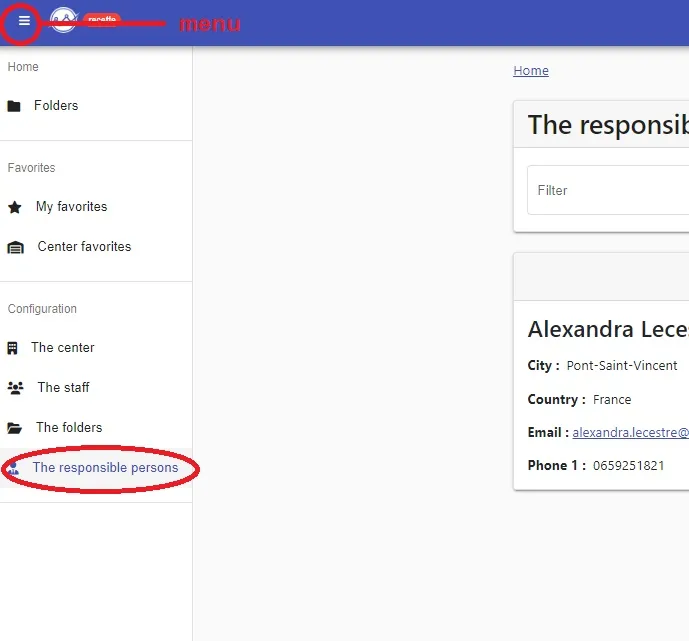 ABA-Assistant menu open, with the “The responsible persons” item to select