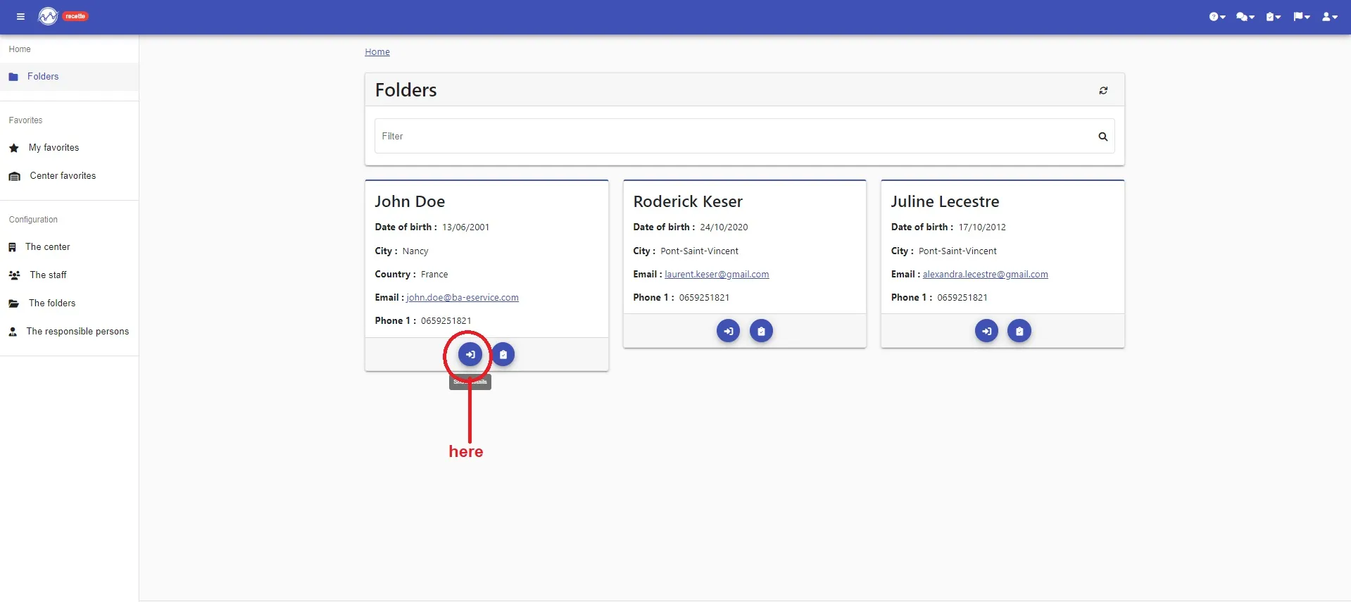 “Folders” page: the button to open a folder’s details