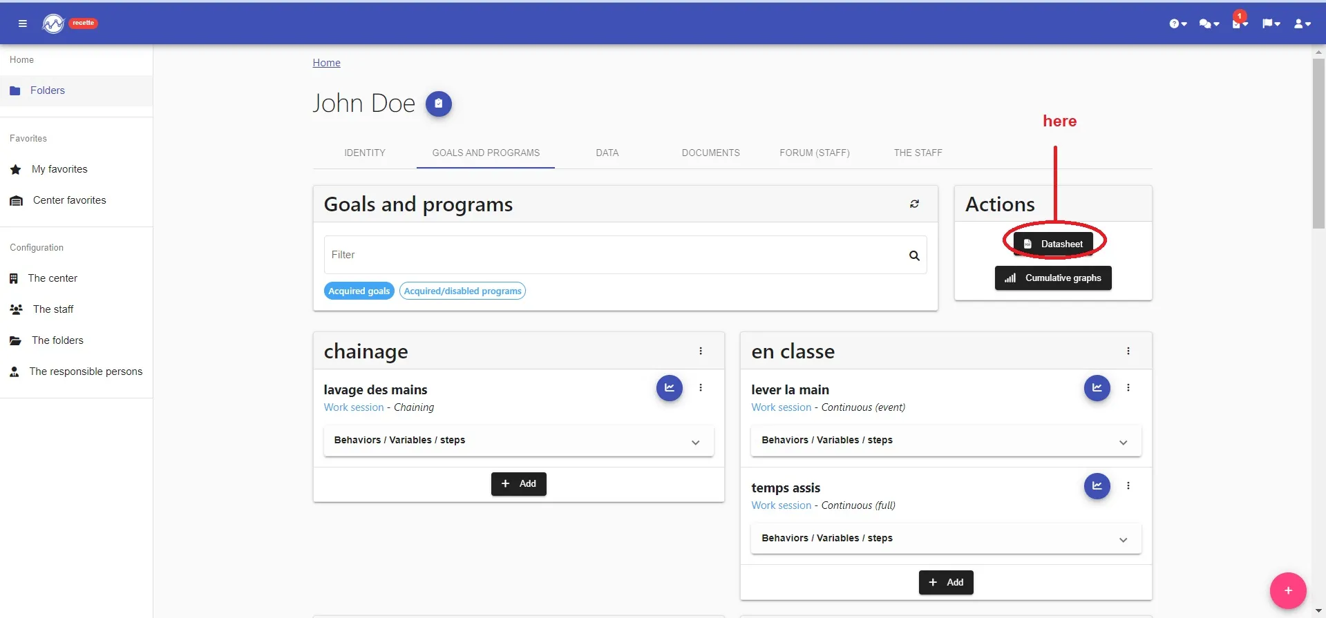 “Goals and programs” tab of a folder: the “Datasheet” button