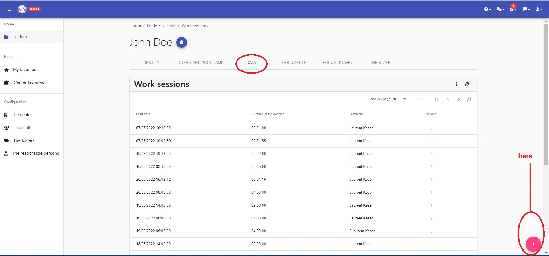 “Data” tab of a folder: list of sessions and the pink “+” button to add a session
