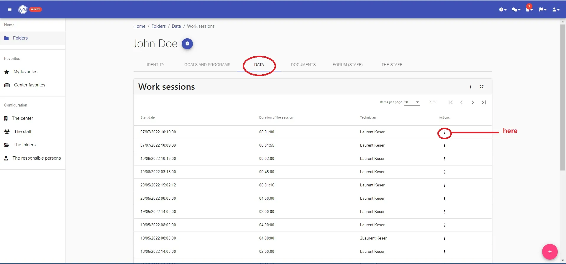 “Data” tab of a folder: list of work sessions and each session’s three-dot menu