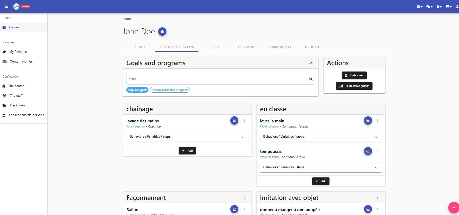 Goals and programs of a folder, with an “Add” button under each goal