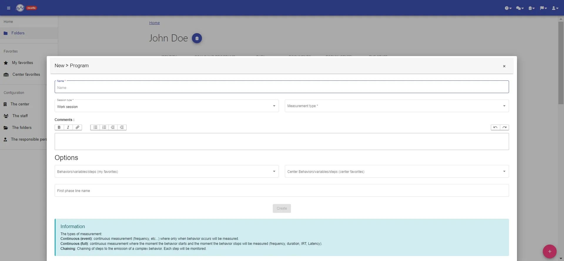 “New > Program” form: name, session type, measurement type, comments and options
