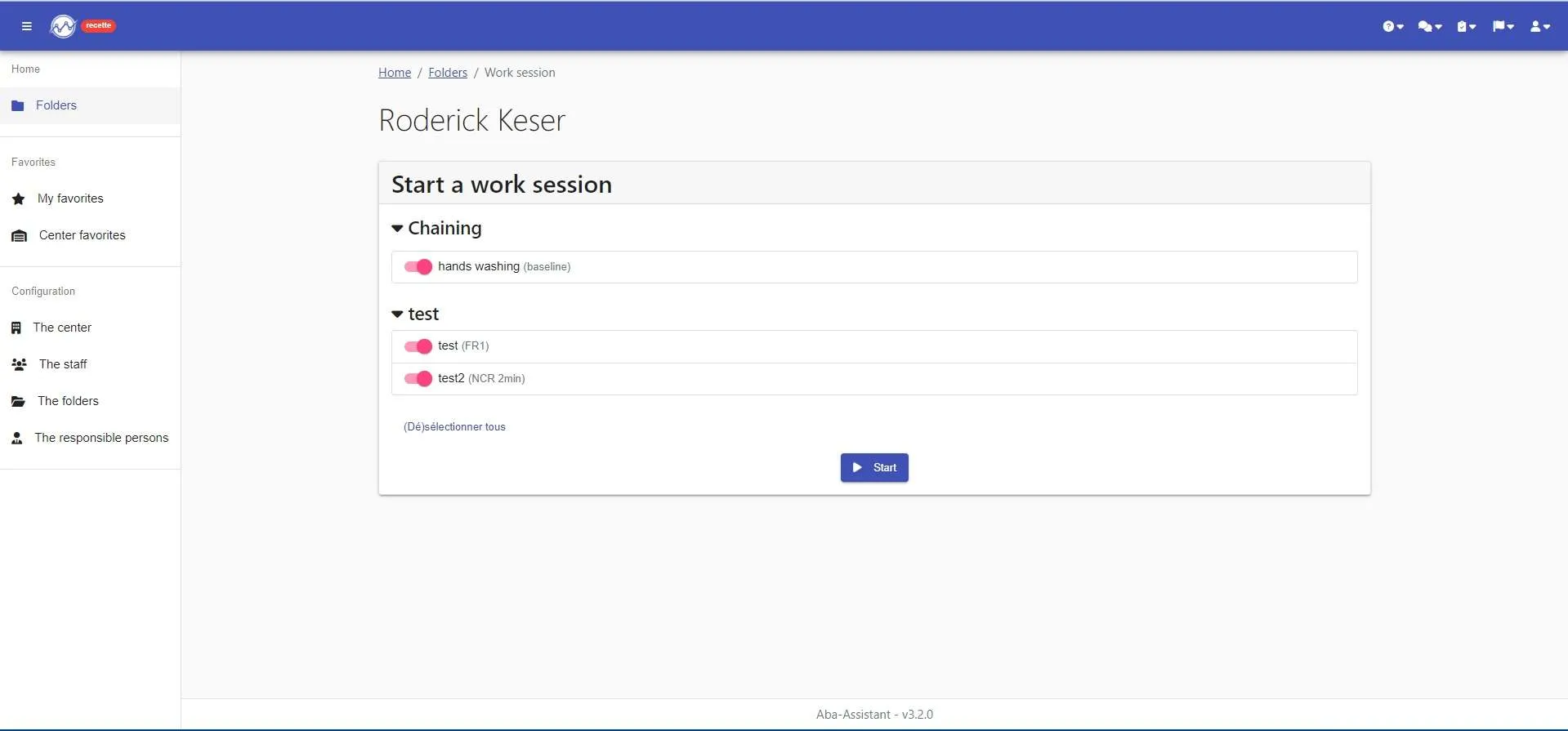 “Start a work session” screen: choice of programs to track and “Start” button