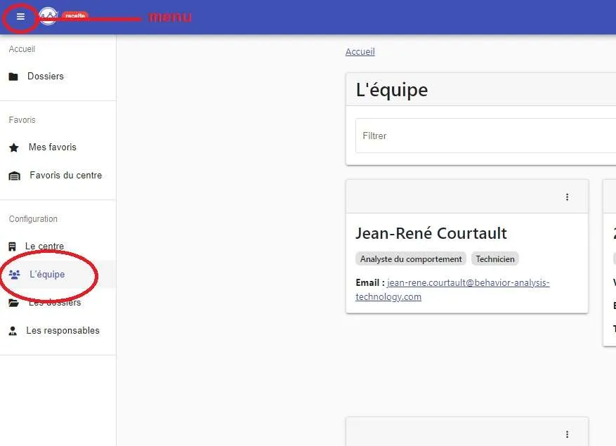 Menu d’ABA-Assistant ouvert, avec l’entrée « L’équipe » à sélectionner