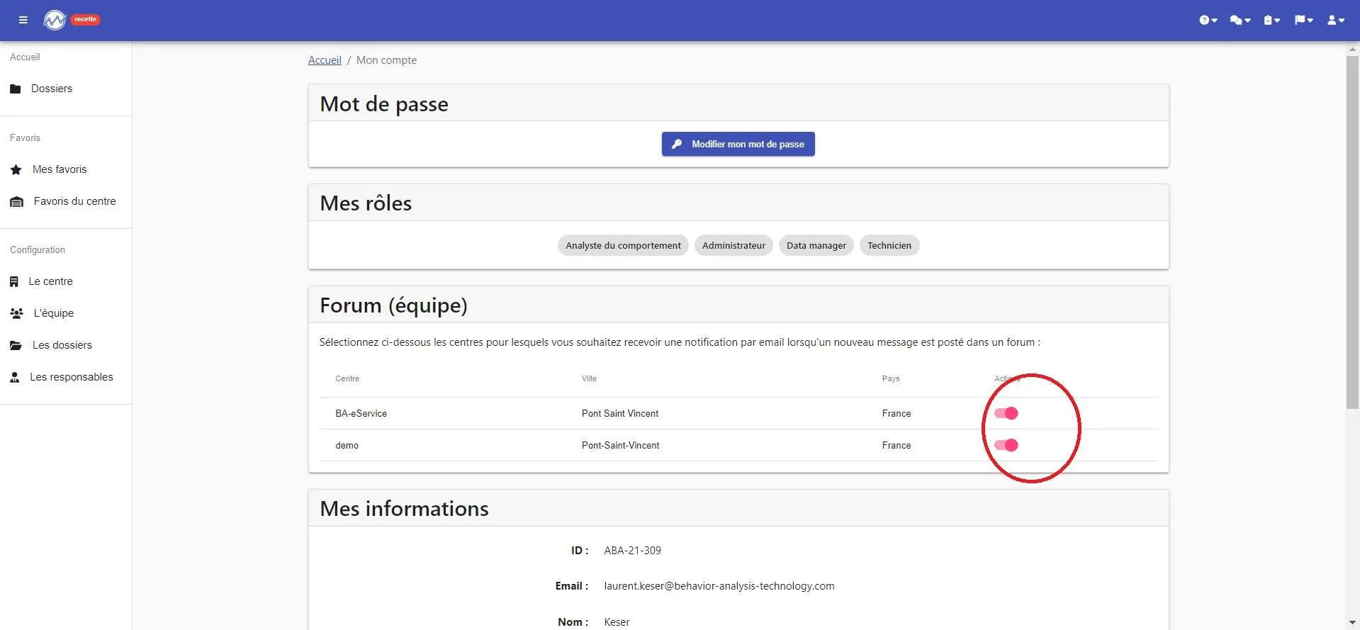 Page « Mon compte » : un interrupteur de notification du forum (équipe) par centre