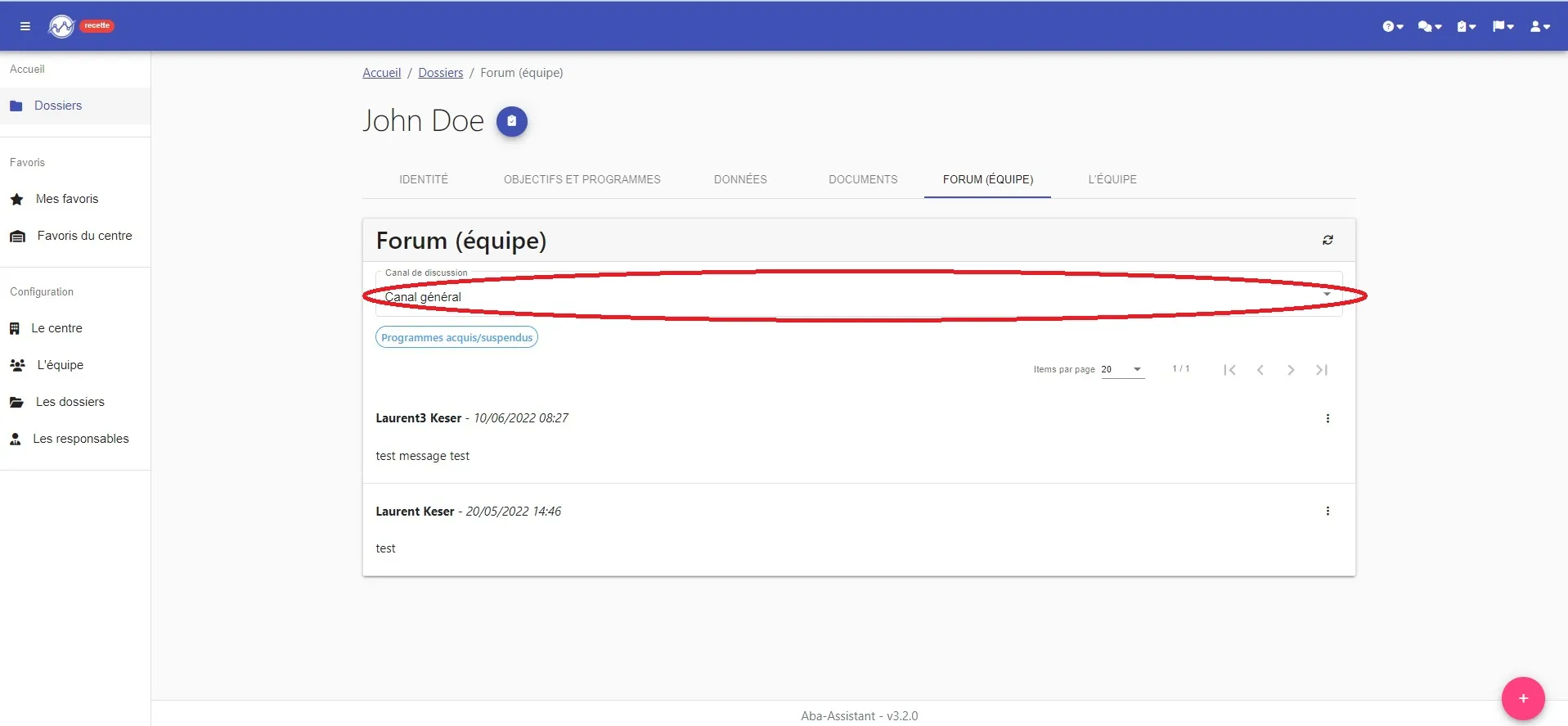 Forum (équipe) : la liste « Canal de discussion », pour choisir le forum d’un programme