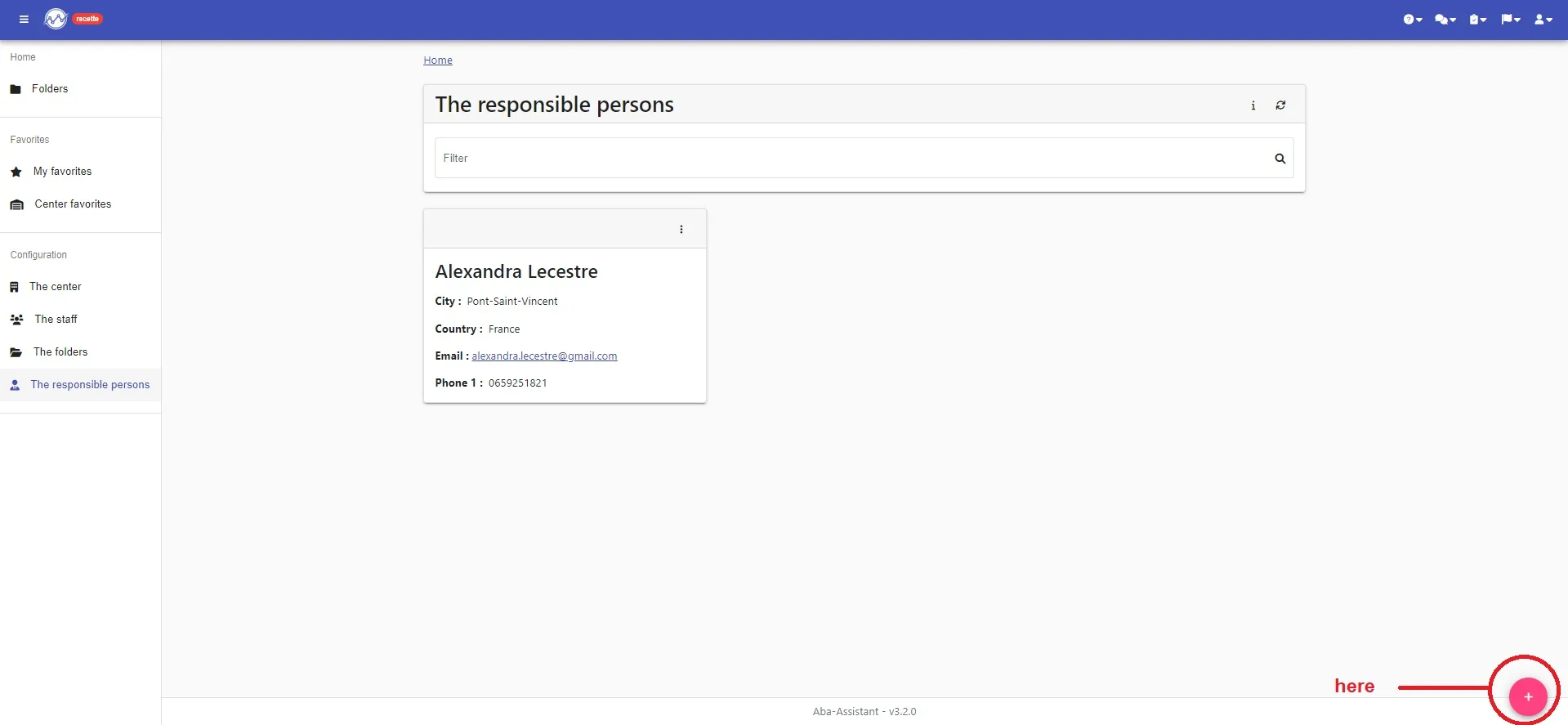 “The responsible persons” page, and the pink “+” button at the bottom right to add one