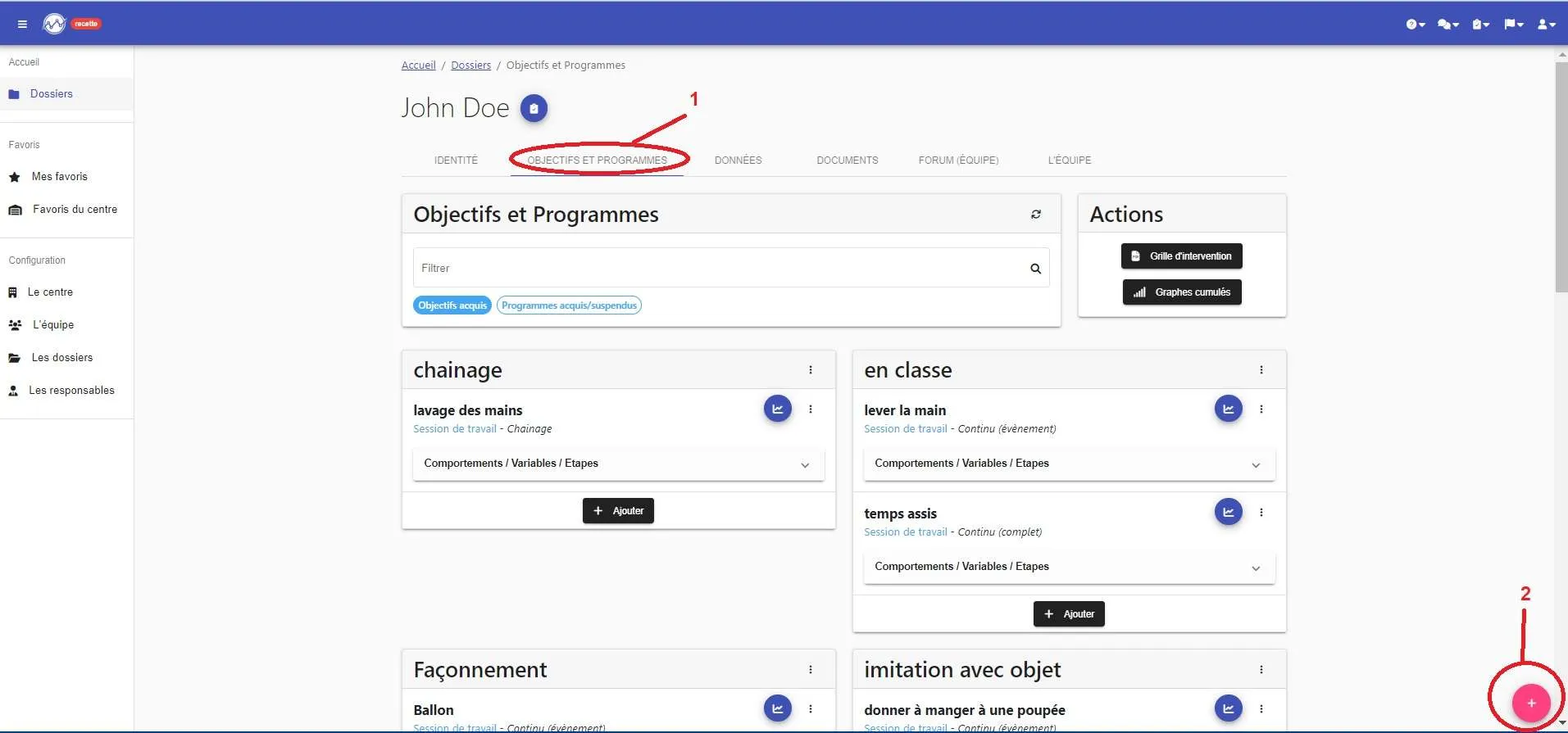 Dossier ouvert : l’onglet « Objectifs et programmes » (1), puis le bouton rose « + » (2)