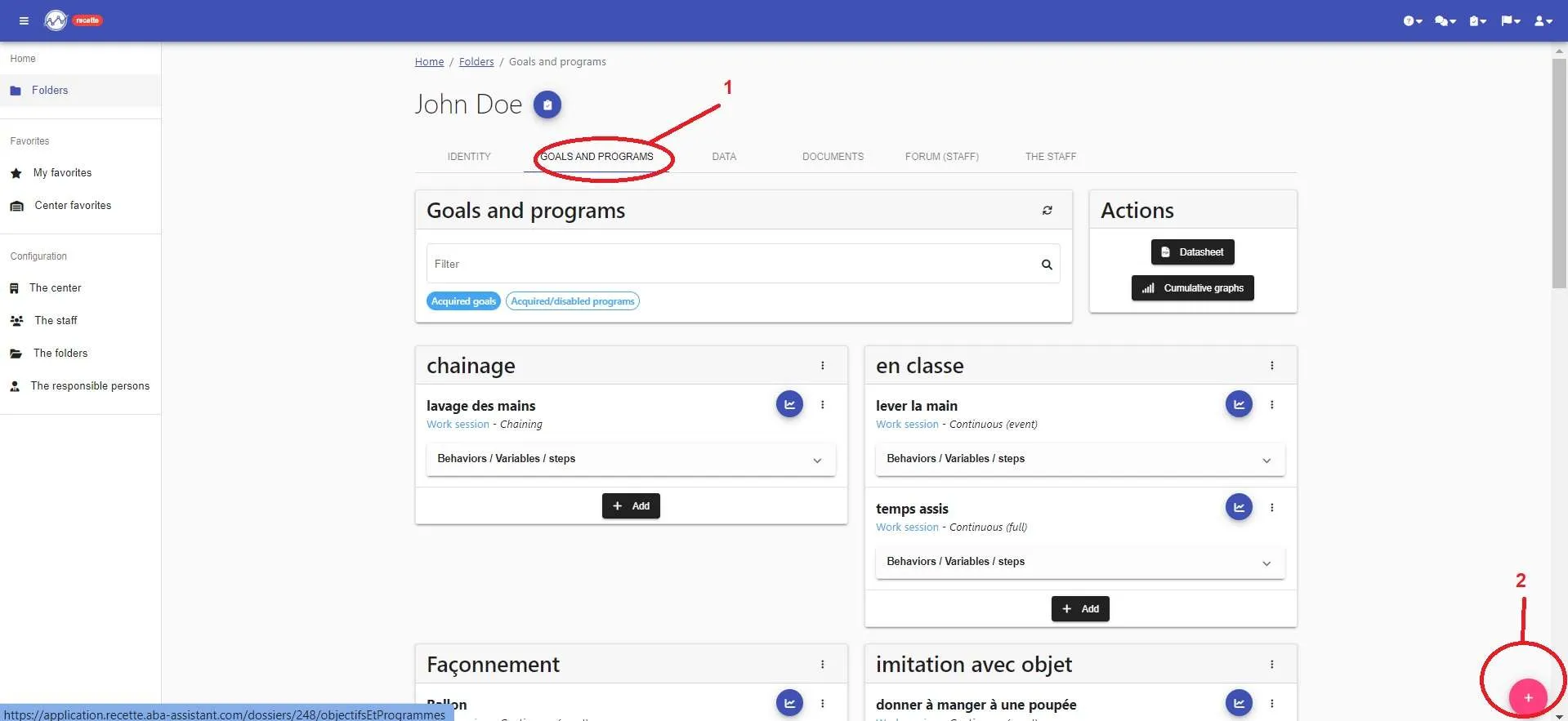 Open folder: the “Goals and programs” tab (1), then the pink “+” button (2)
