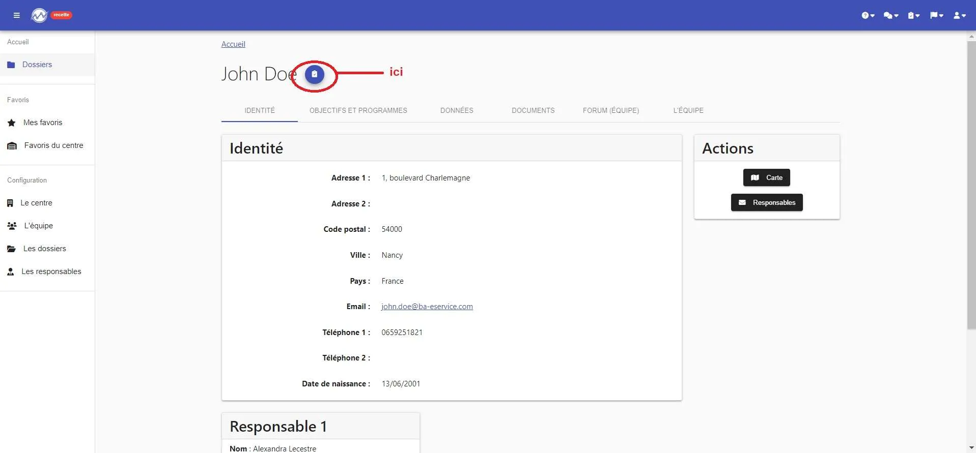 Page d’un dossier : l’icône du clicker à côté du nom du dossier