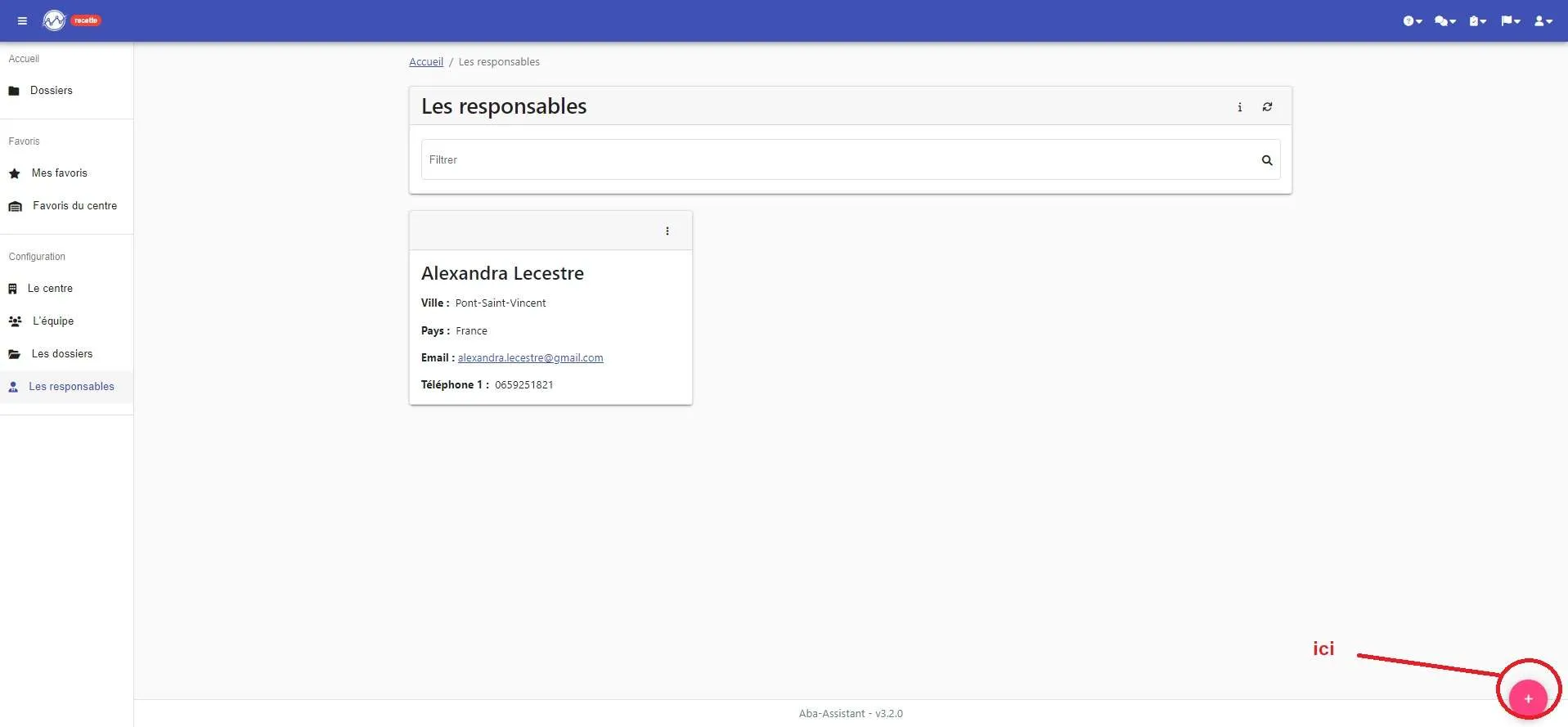 Page « Les responsables », et le bouton rose « + » en bas à droite pour en ajouter un