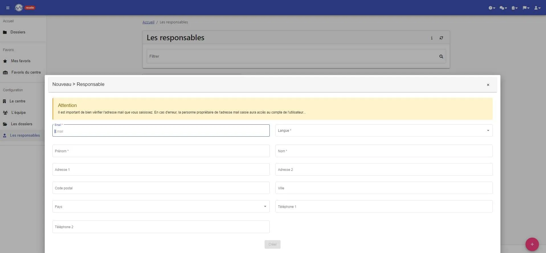 Formulaire « Nouveau > Responsable » : email, langue, prénom, nom, adresse et téléphones