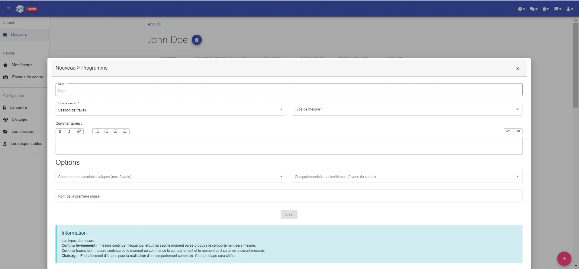 Formulaire « Nouveau > Programme » : nom, type de session, type de mesure, commentaires et options