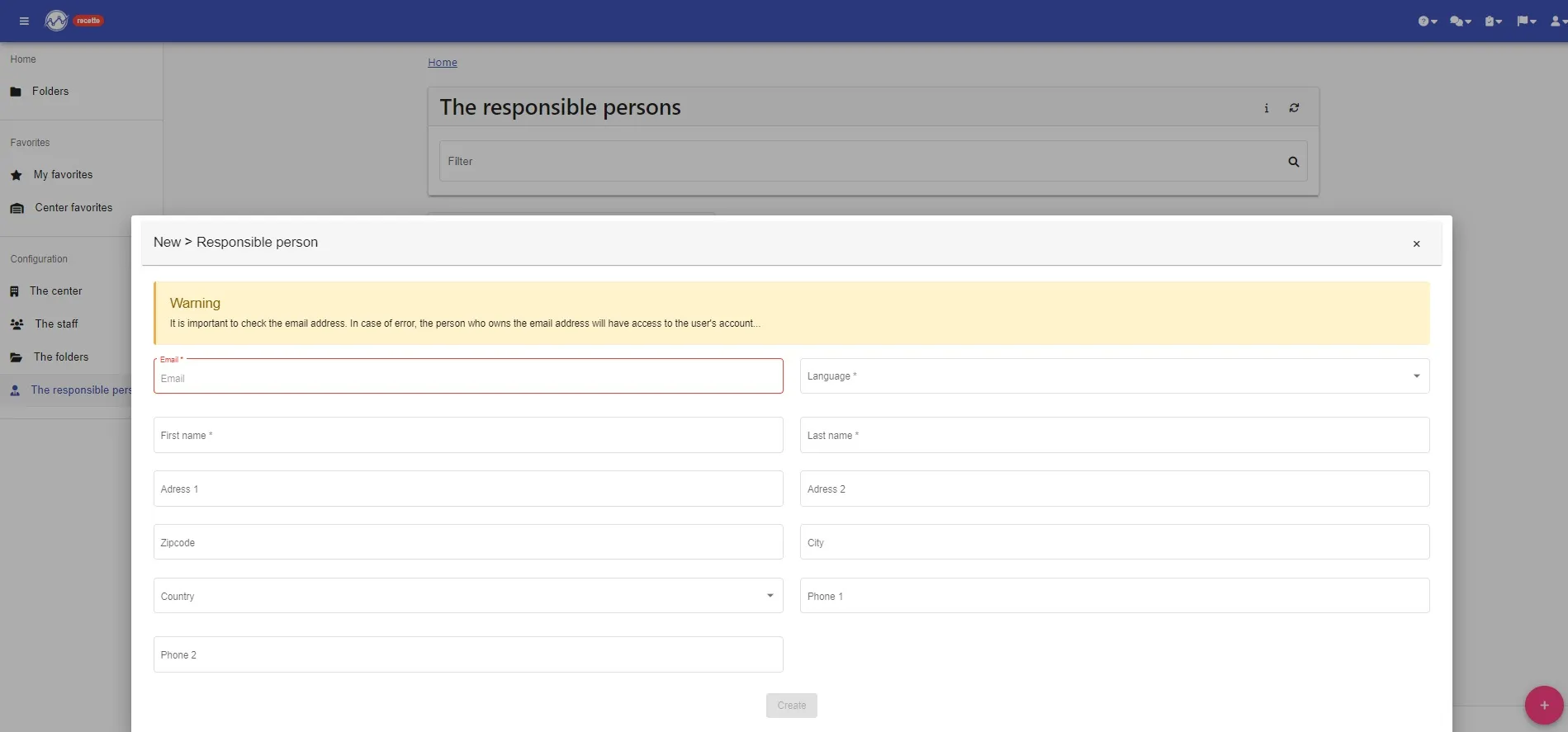 “New > Responsible person” form: email, language, first and last name, address and phones