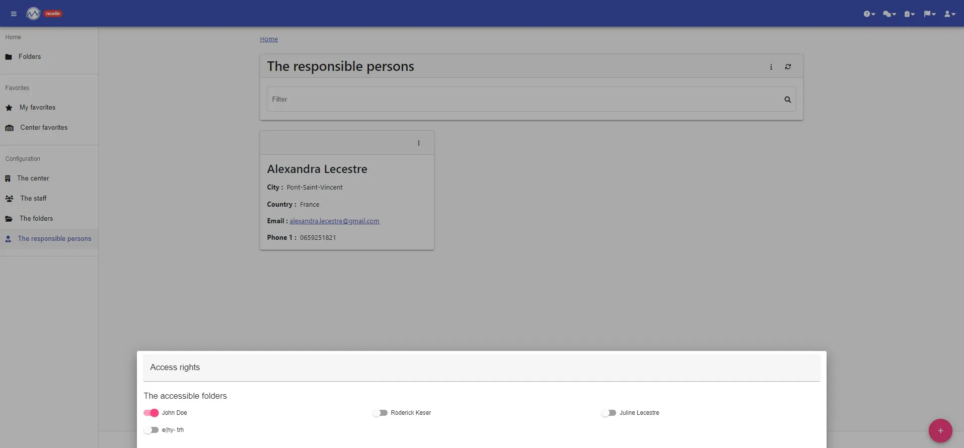 Responsible person’s “Access rights” window: one switch per folder, enabled for the John Doe folder