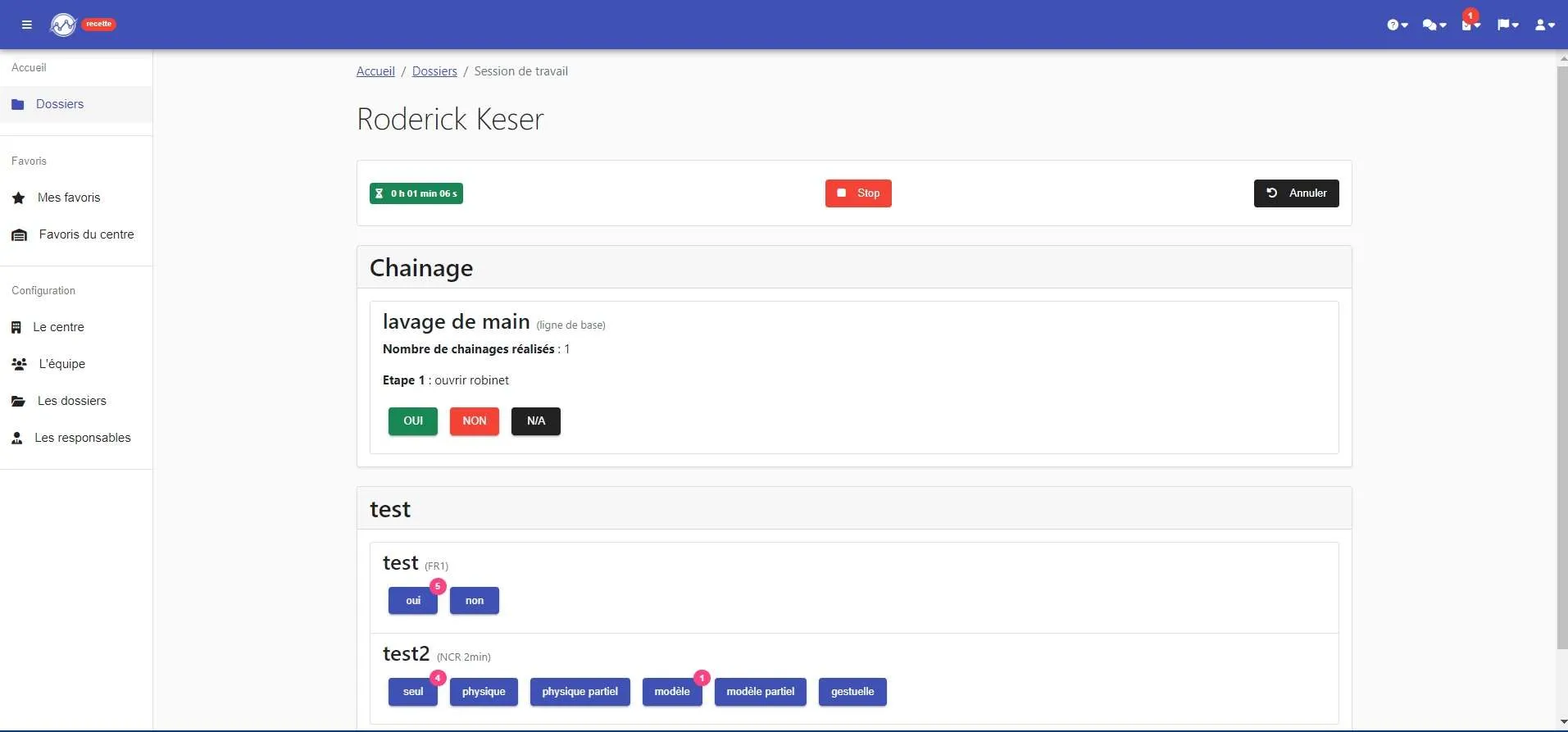 Clicker en action : durée de la session, boutons « Stop » et « Annuler », et boutons de saisie par programme
