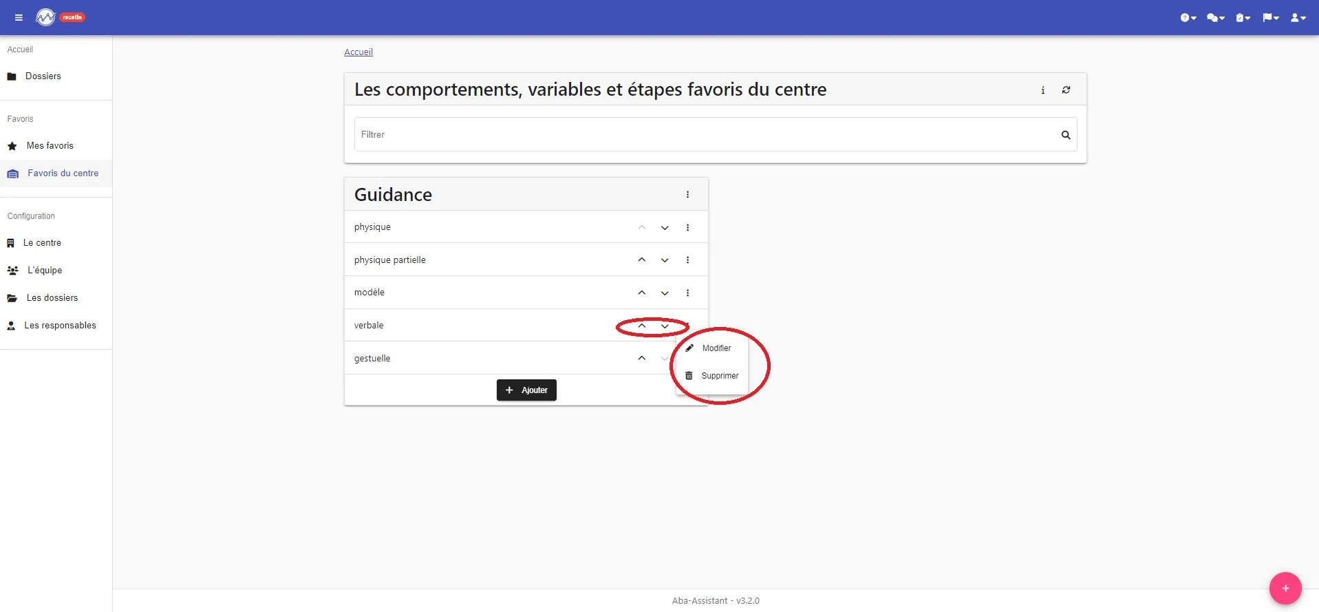 Groupe « Guidance » et ses étapes (physique, modèle, verbale, gestuelle), avec les flèches pour les réordonner et le menu Modifier / Supprimer