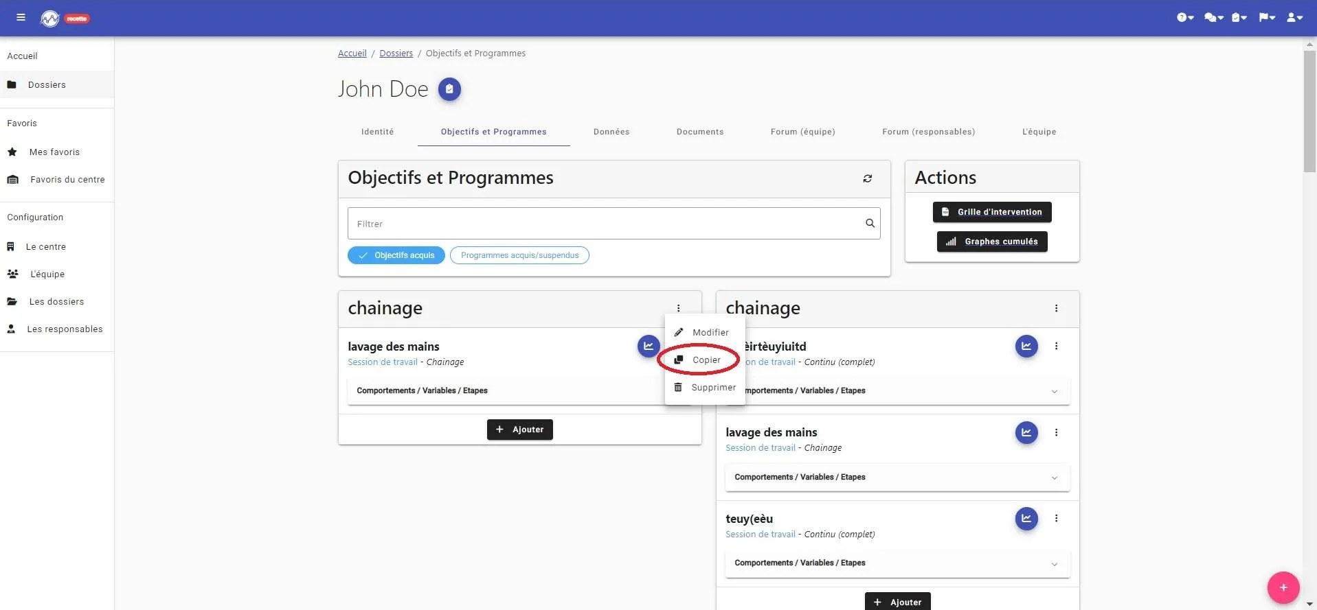 Menu à trois points d’un objectif ouvert, avec l’option « Copier »
