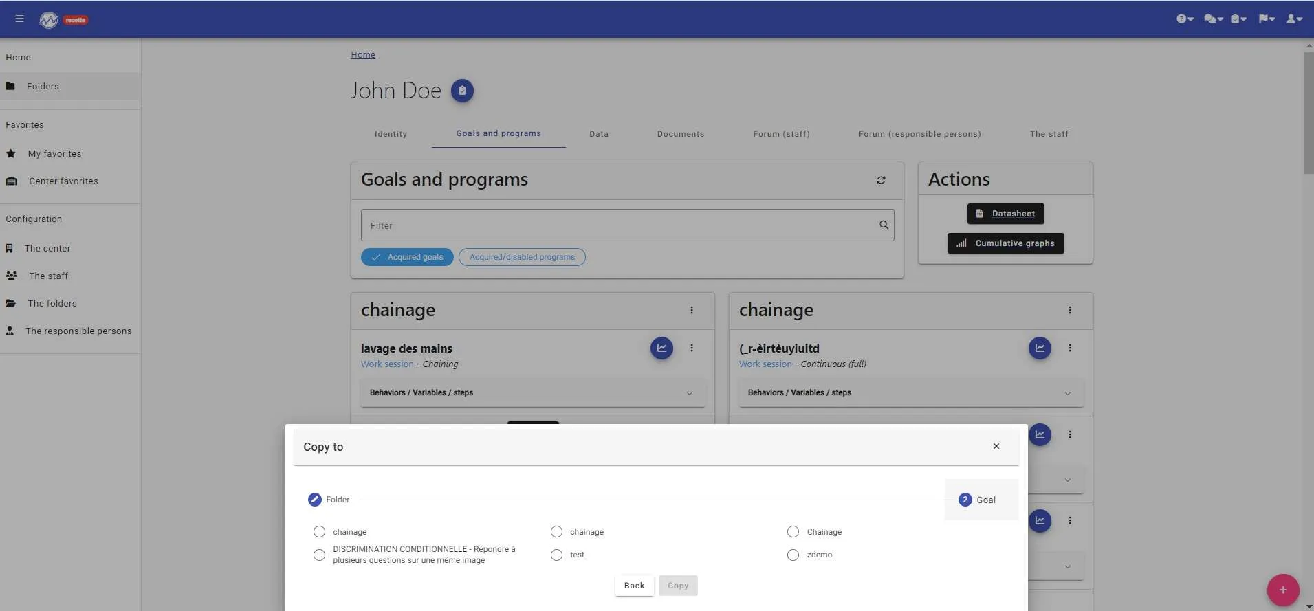 “Copy to” window: choice of the goal that will receive the copied program